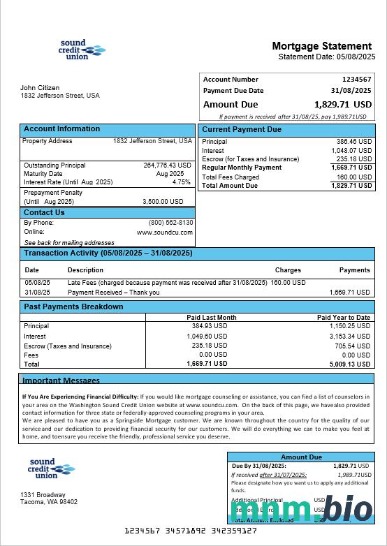 USA Waszyngton Sound Credit Union wyciąg z kredytu hipotecznego w formatach Word i PDF